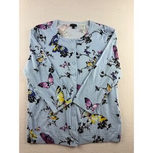 Talbots Womens Blue Butterfly Floral Print Button Front Cardigan Sweater L